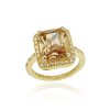 18K Gold Over Sterling Silver Champagne CZ Emerald Cut CZ Border & Band Ring