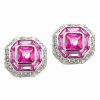 Sterling Silver Modern Octagon Dark Pink cz and Simulated Diamond cz Earrings