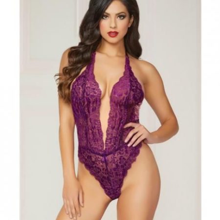 Floral Lace Teddy Halter Ties & Snap Crotch Purple O/S